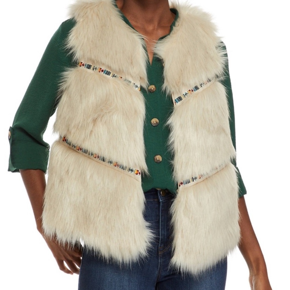 Faux Fur Southwestern Boho Vest • Ivory & Cream • Medium • NWT • New Directions